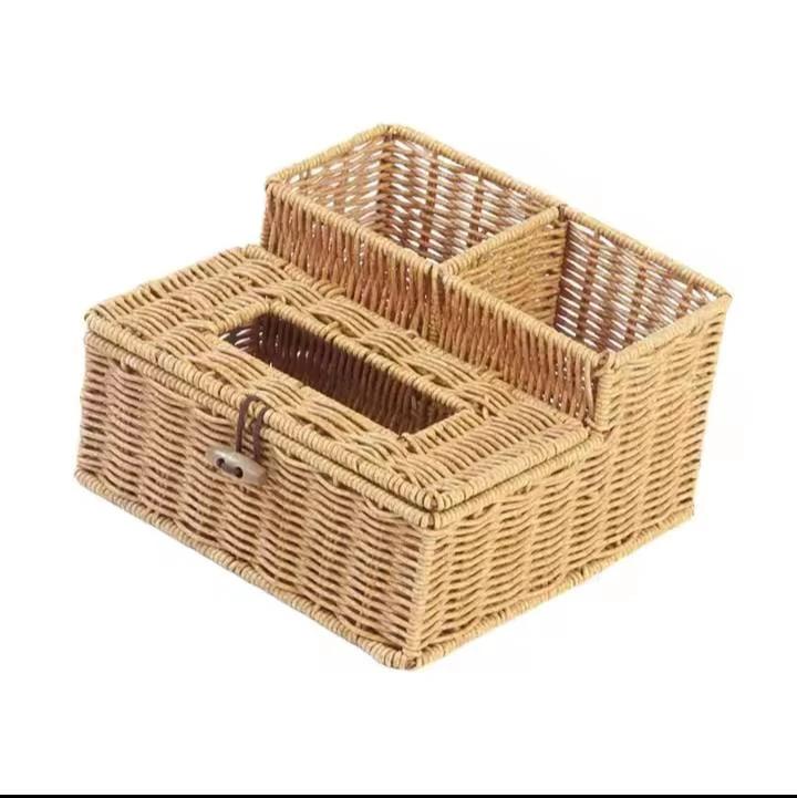 3 Slots Storage Organizer with Serviette Holder Rattan Brown Kitchen Organizers