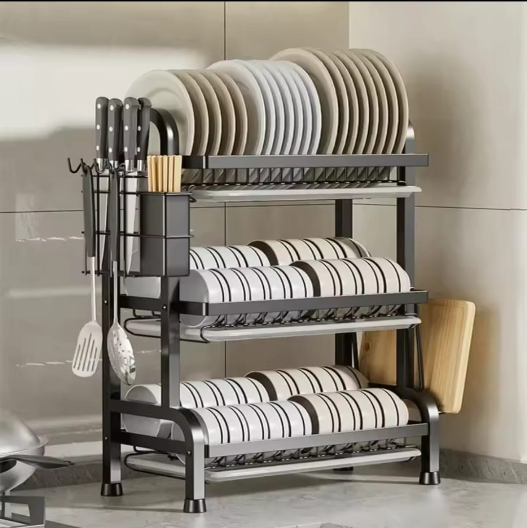 3 Tier Carbon Steel Dish Rack with Cutlery & Chopping Board Holder – Heavy Duty (All Black)