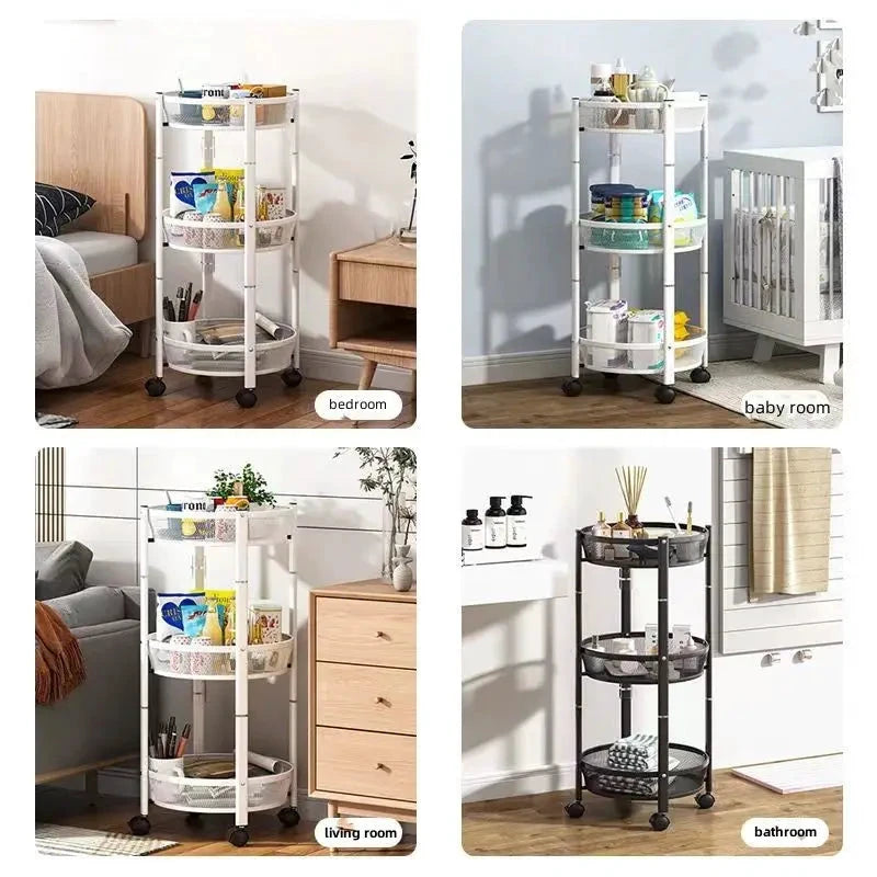 3 Tier Metallic Multipurpose Rotatable Vegetable & Fruit Rack Foldable & Movable with Wheels Black, White Finishes Storage and organization Kitchen Utensil Racks