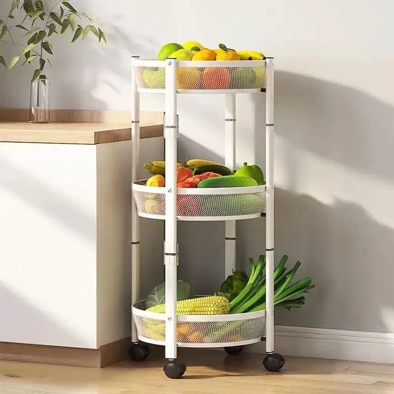 3 Tier Metallic Multipurpose Rotatable Vegetable & Fruit Rack Foldable & Movable with Wheels Black, White Finishes Storage and organization Kitchen Utensil Racks