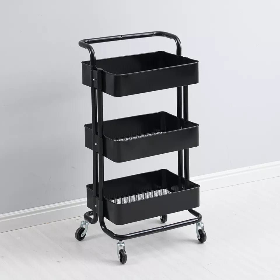 3 Tier Movable Trolley Storage Rack Full Metallic Rolling Organizer for Kitchen Salon & Bathroom