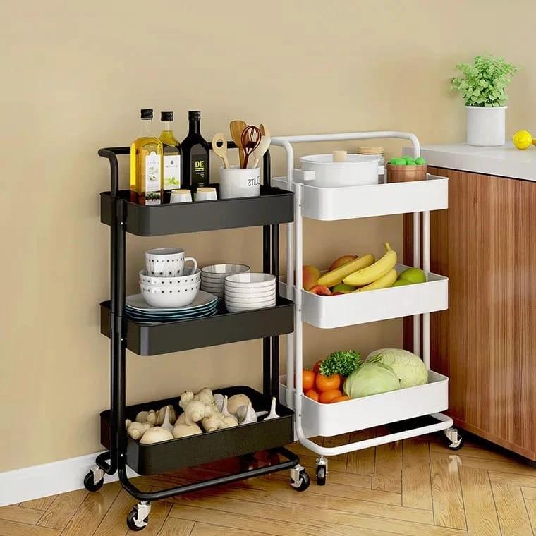 3 Tier Movable Trolley Storage Rack Full Metallic Rolling Organizer for Kitchen Salon & Bathroom industrial storage Kitchen Organizers