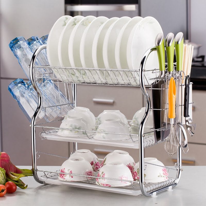 3 Tier Stainless Steel Dish Rack with Cutlery and Cup Holders