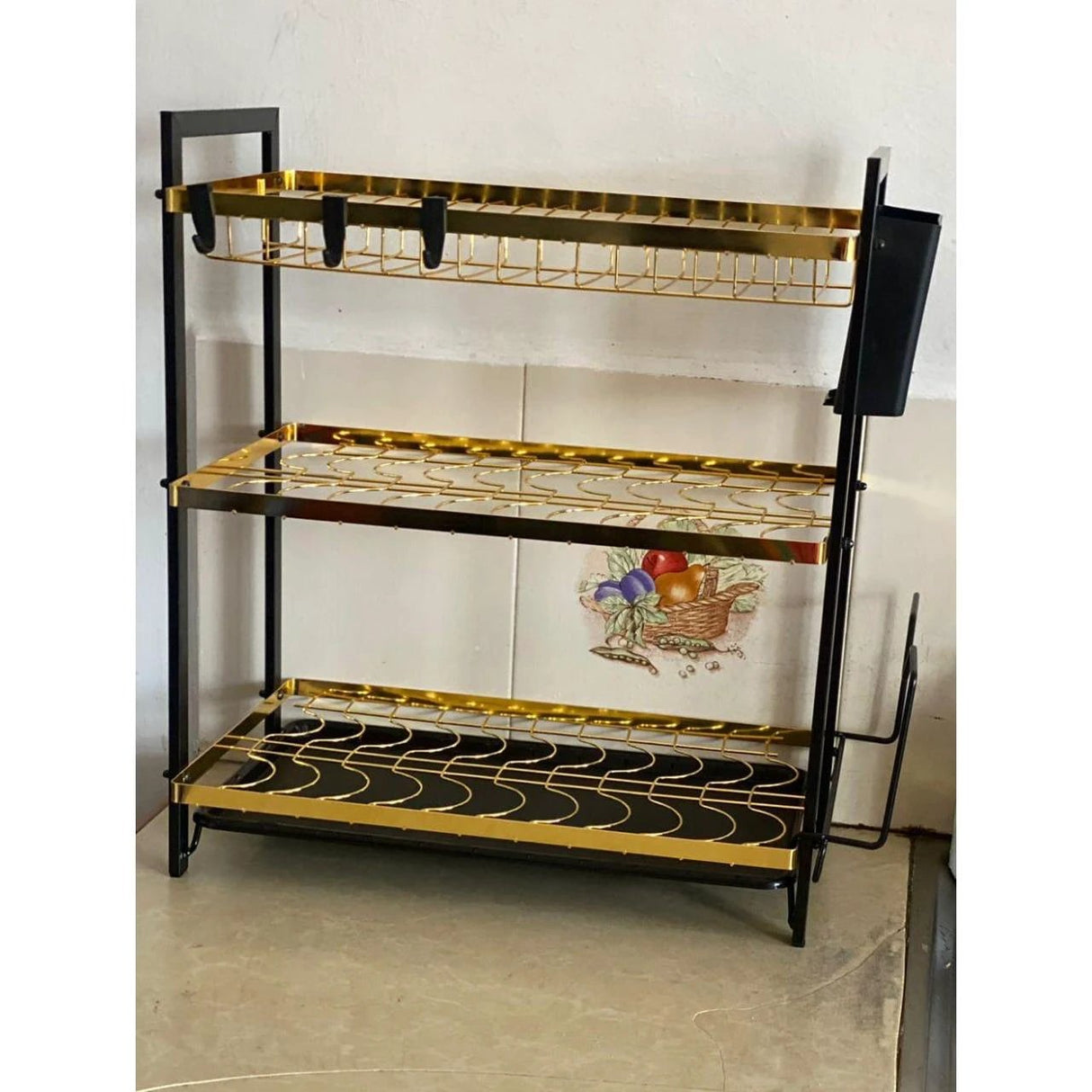 3 Tier Stainless Steel Dish Rack with Gold Tiers, Black Stands, Cutlery and Chopping Board Holder Dish Rack Dish Racks