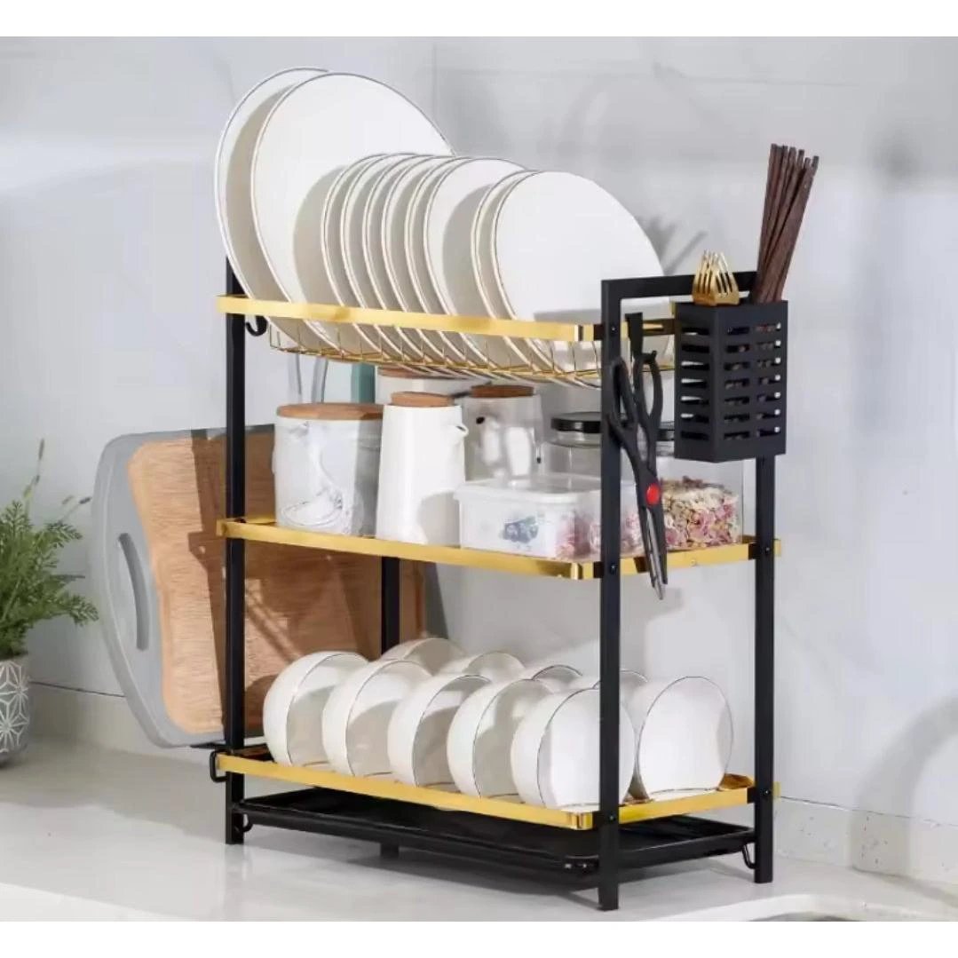 3 Tier Stainless Steel Dish Rack with Gold Tiers, Black Stands, Cutlery and Chopping Board Holder Dish Rack Dish Racks