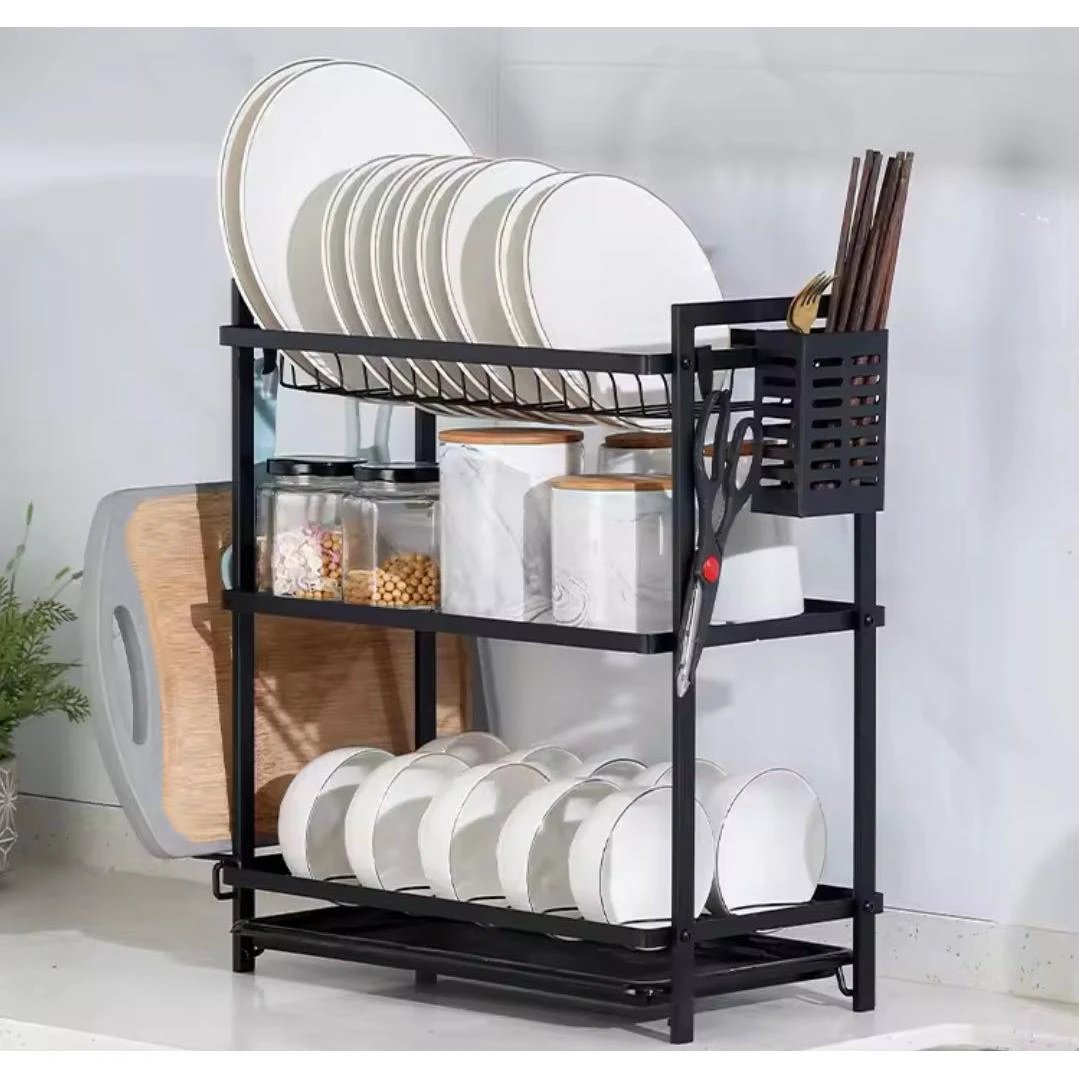 3 Tier Stainless Steel Dish Rack with Gold Tiers, Black Stands, Cutlery and Chopping Board Holder Dish Rack Dish Racks