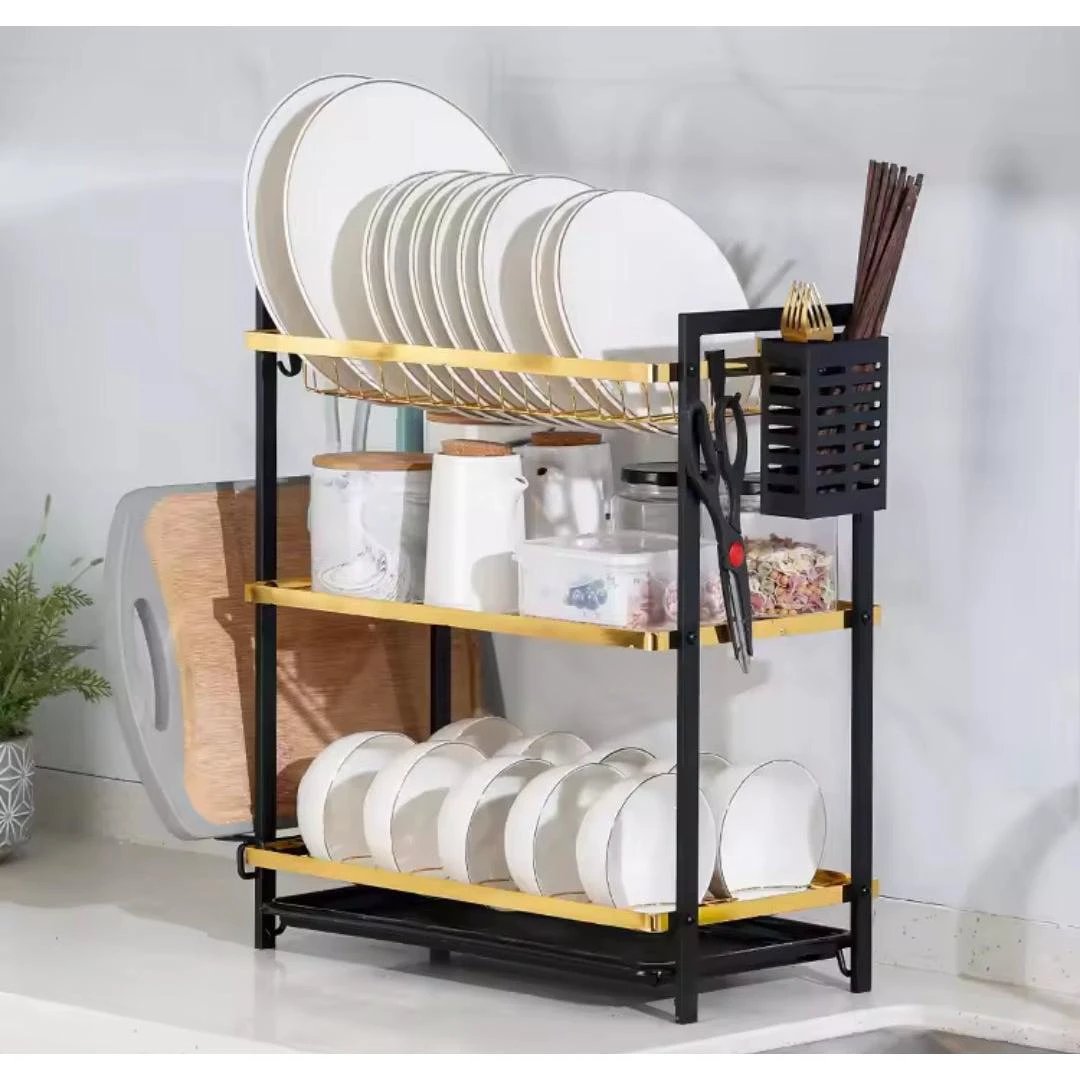 3 Tier Stainless Steel Dish Rack with Gold Tiers, Black Stands, Cutlery and Chopping Board Holder Dish Rack Dish Racks