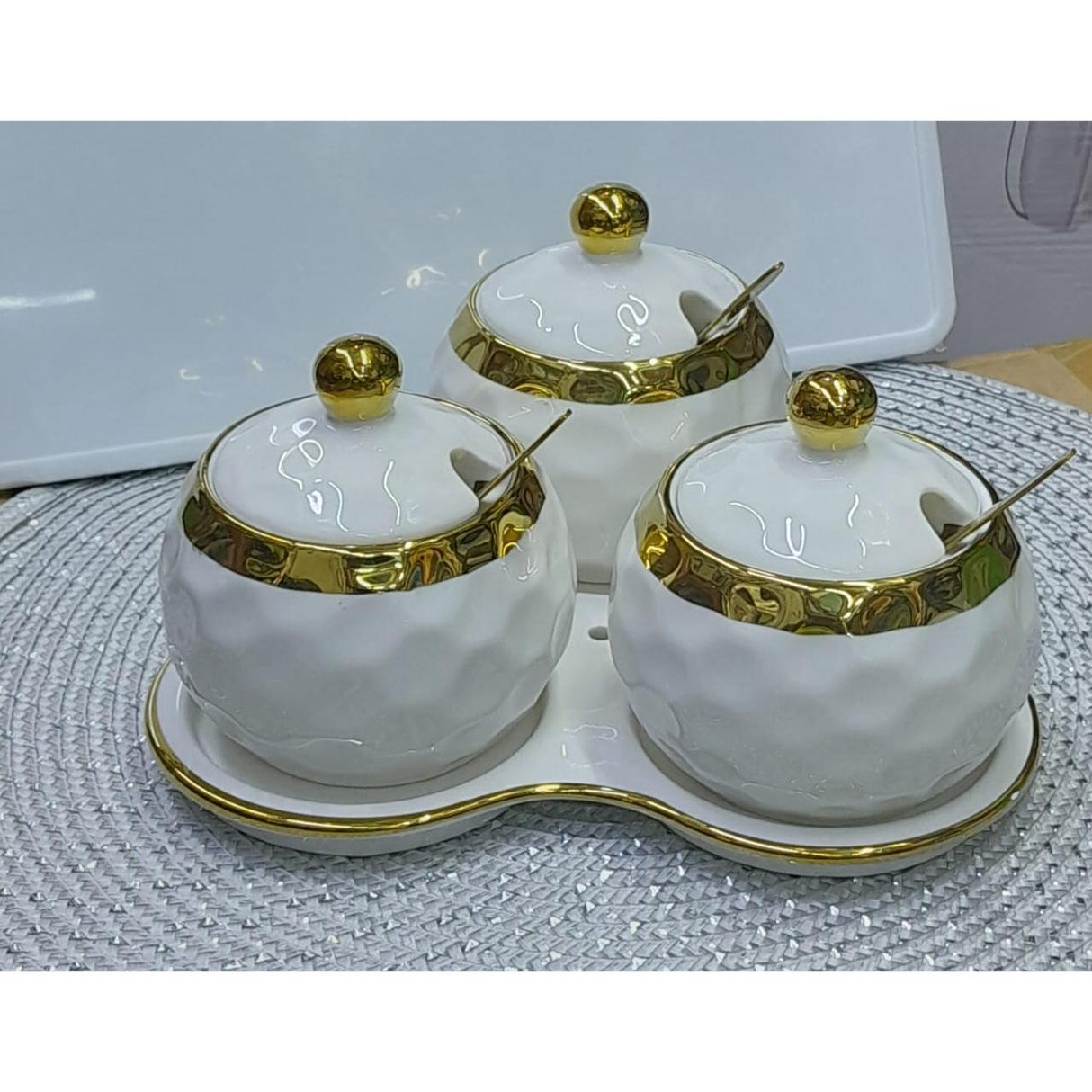 3 in 1 Ceramic Sugar Canisters with Tray Stand White
