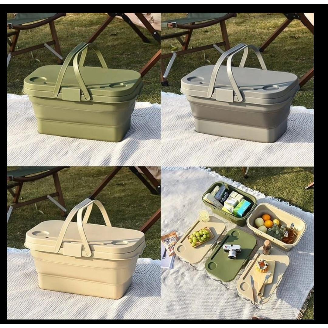 3 in 1 Foldable Collapsible Camping Hand Basket Picnic Basket That Converts to Table, Storage Unit, and Cutting Board