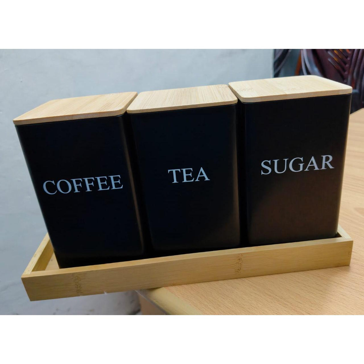 3-piece Coffee Sugar Tea Canister Set with Wooden Lid | Kitchen Storage Organizer