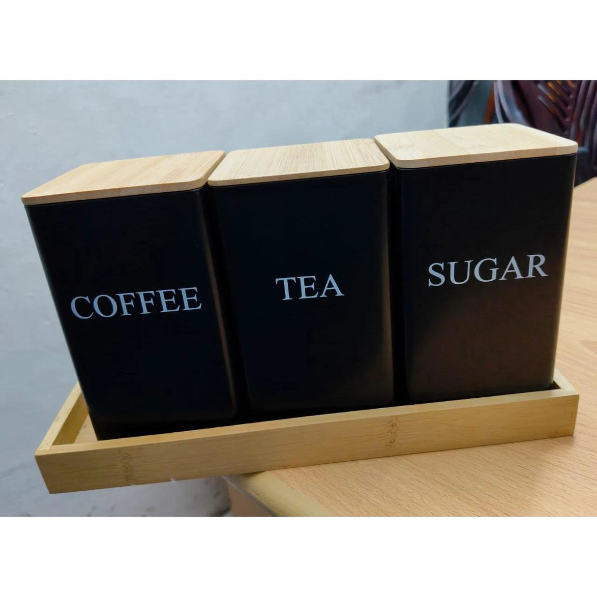 3-piece Coffee Sugar Tea Canister Set with Wooden Lid | Kitchen Storage Organizer Storage Containers Kitchen Counter & Beverage Station Organizers