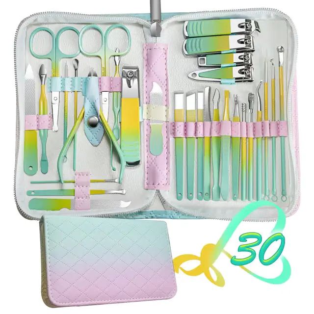 30pcs Multicoloured Nail Clipper Set with Leather Case – Complete Grooming Kit