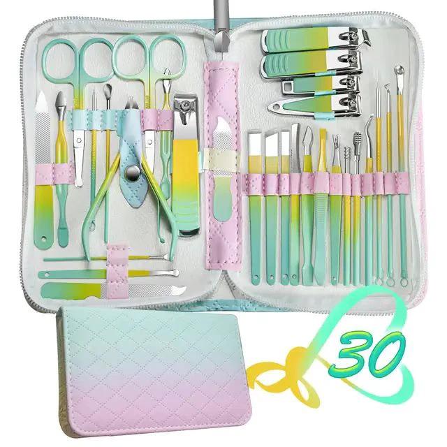 30pcs Multicoloured Nail Clipper Set with Leather Case – Complete Grooming Kit Personal care Manicure Tool Sets