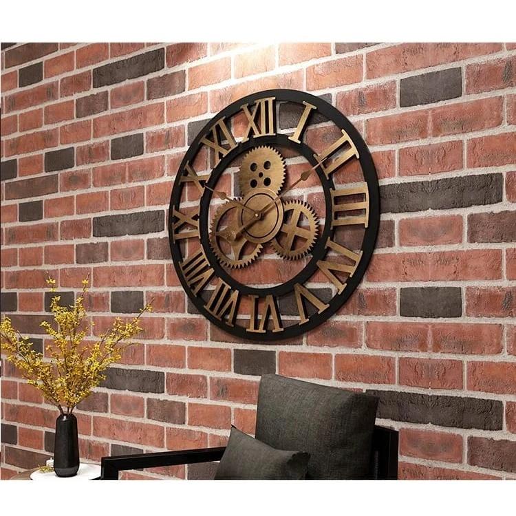 3D Roman Vintage Gear Pocket Wall Clock Gold, Antique Style Living Room Decor