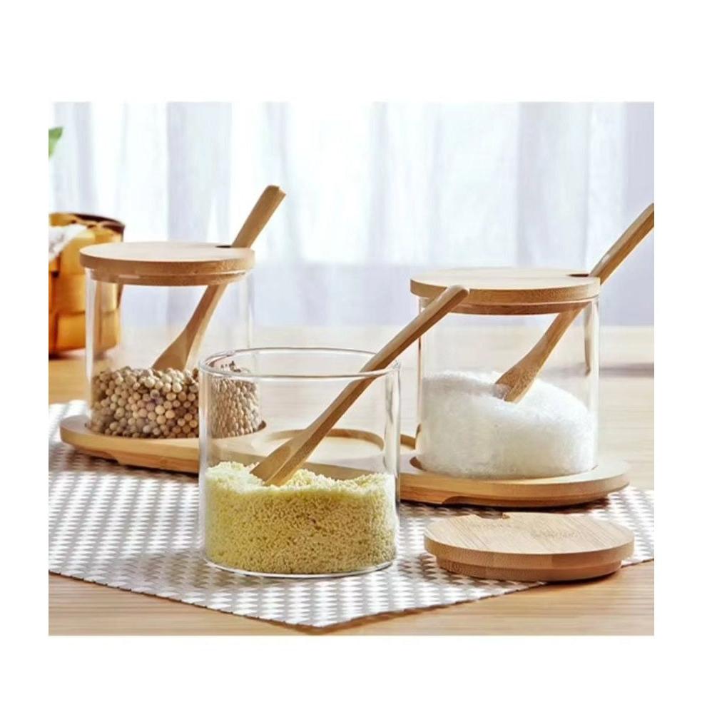 3in1 Seasoning Glass Jars Set with Bamboo Lids | MultiUse Kitchen Condiment Containers for Sugar, Salt, and Coffee plus Oval Shaped Tray