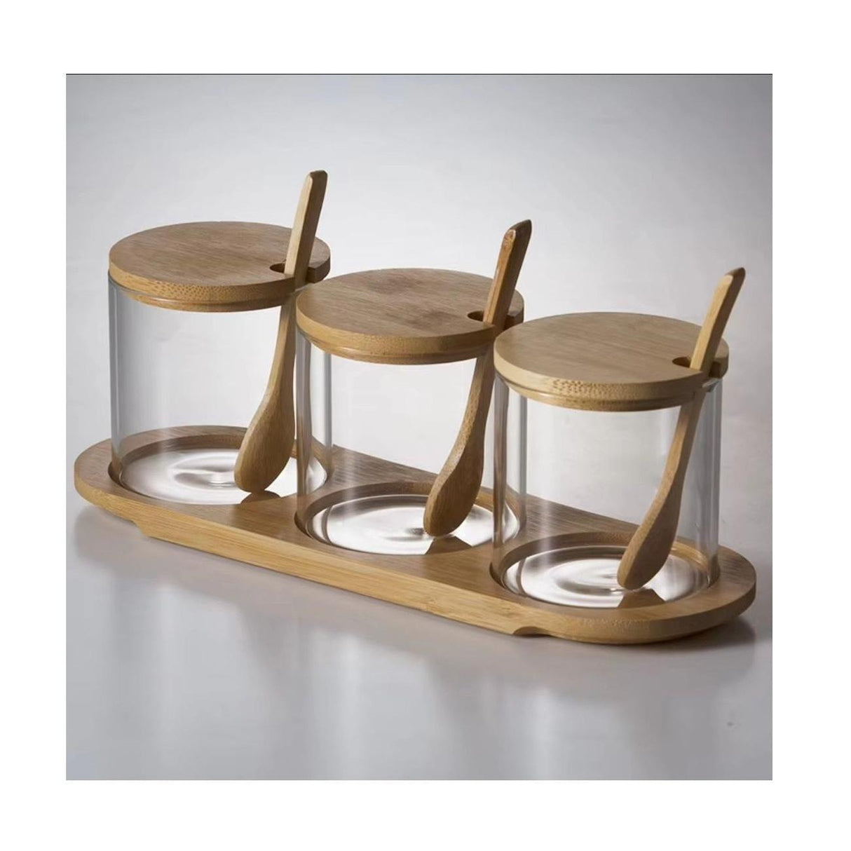 3in1 Seasoning Glass Jars Set with Bamboo Lids | MultiUse Kitchen Condiment Containers for Sugar, Salt, and Coffee plus Oval Shaped Tray