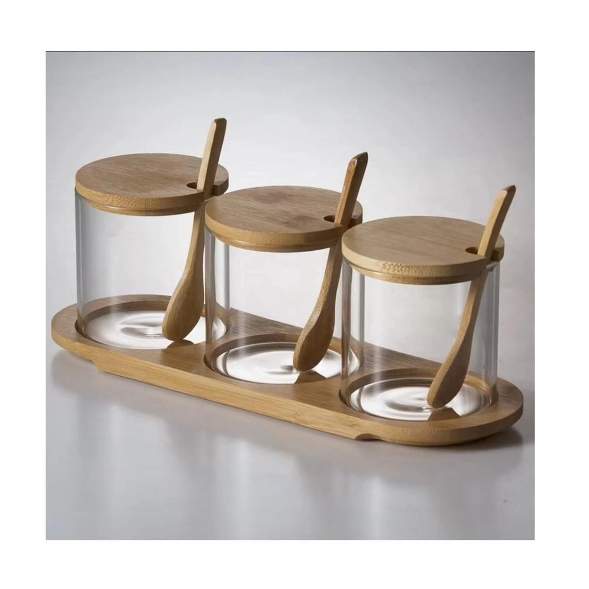 3in1 Seasoning Glass Jars Set with Bamboo Lids | MultiUse Kitchen Condiment Containers for Sugar, Salt, and Coffee plus Oval Shaped Tray Storage Containers Spice Organizers