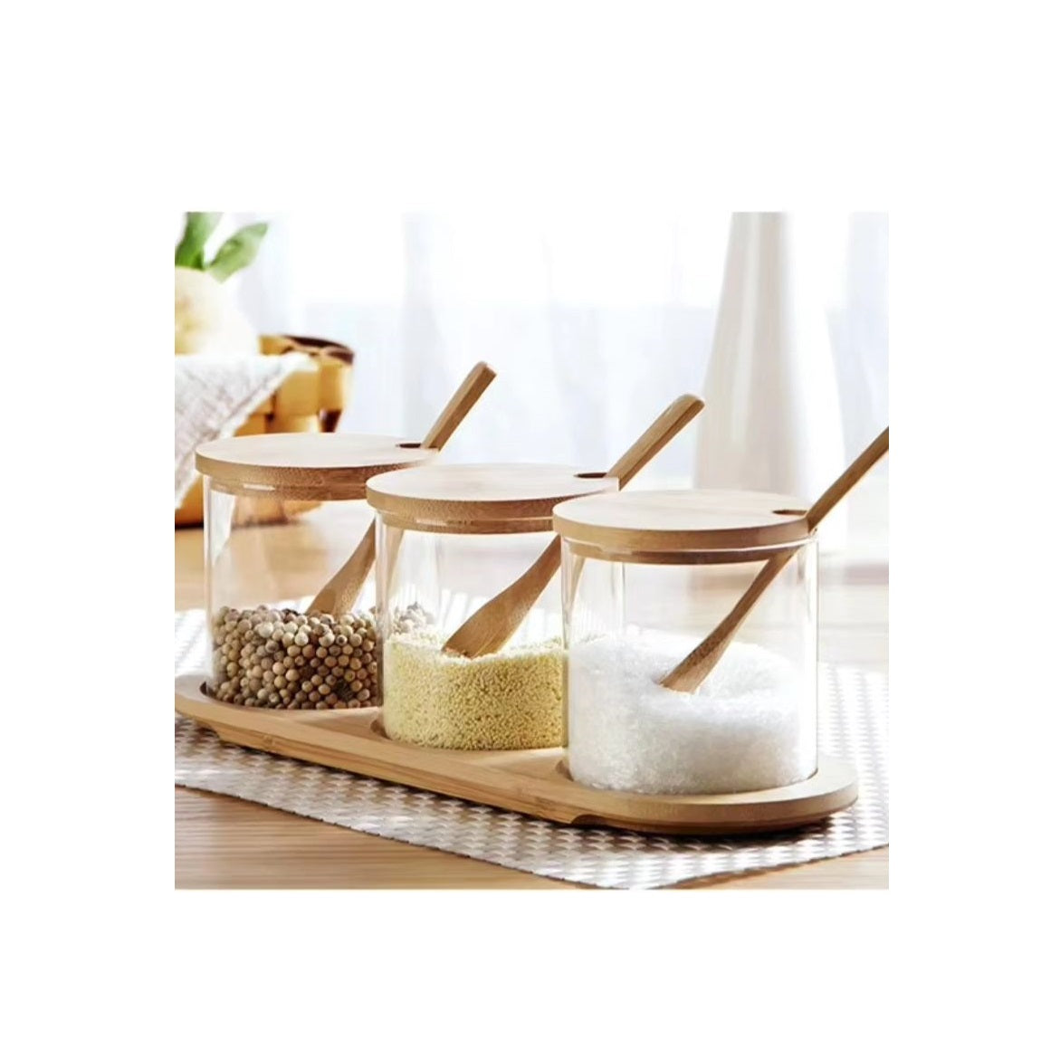 3in1 Seasoning Glass Jars Set with Bamboo Lids | MultiUse Kitchen Condiment Containers for Sugar, Salt, and Coffee plus Oval Shaped Tray