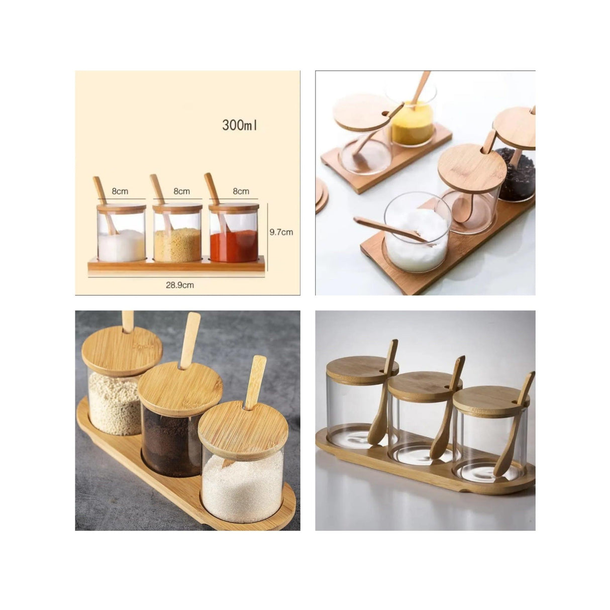 3in1 Seasoning Glass Jars Set with Bamboo Lids | MultiUse Kitchen Condiment Containers for Sugar, Salt, and Coffee plus Oval Shaped Tray