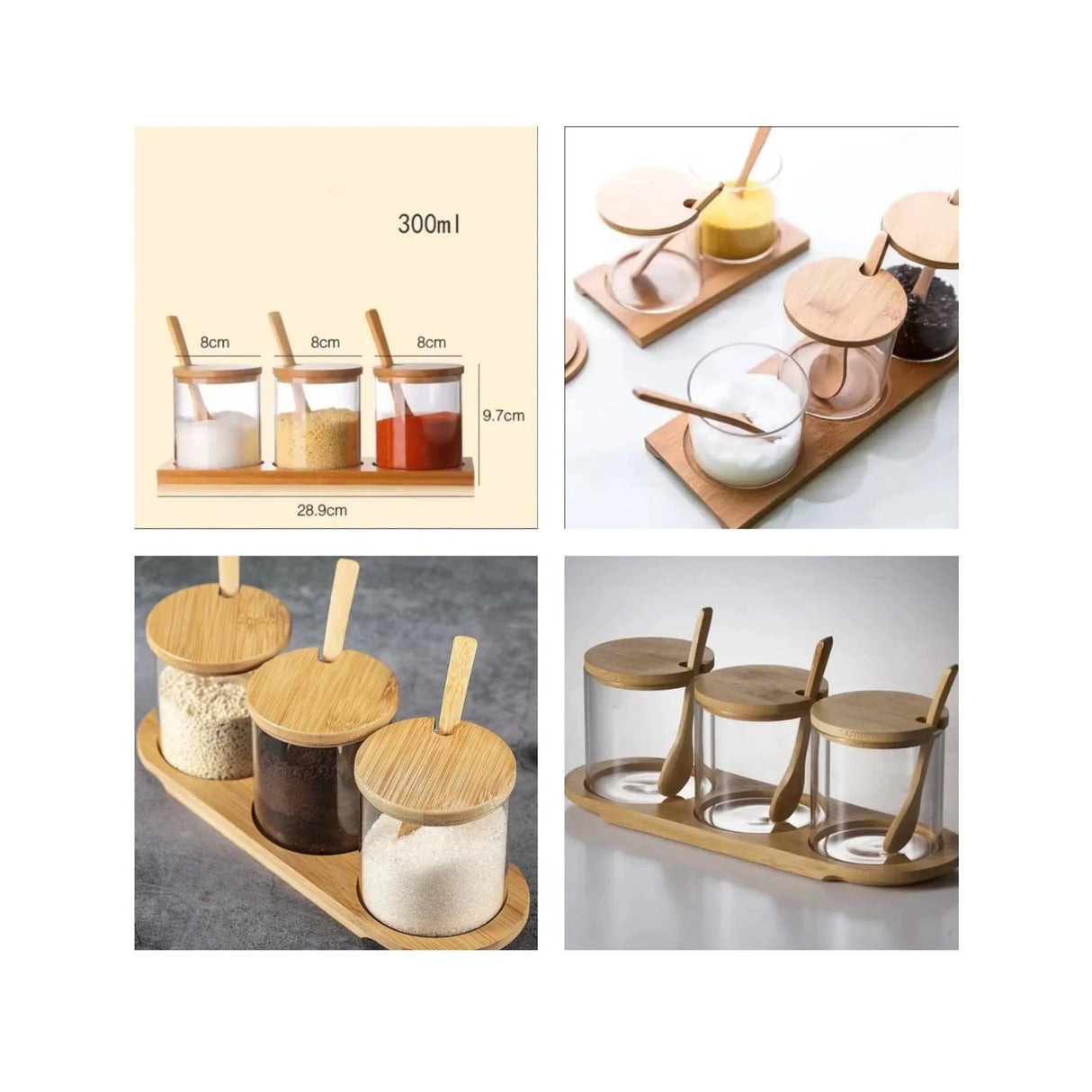 3in1 Seasoning Glass Jars Set with Bamboo Lids | MultiUse Kitchen Condiment Containers for Sugar, Salt, and Coffee plus Oval Shaped Tray Storage Containers Spice Organizers