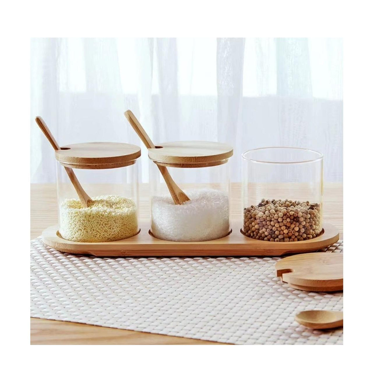 3in1 Seasoning Glass Jars Set with Bamboo Lids | MultiUse Kitchen Condiment Containers for Sugar, Salt, and Coffee plus Oval Shaped Tray