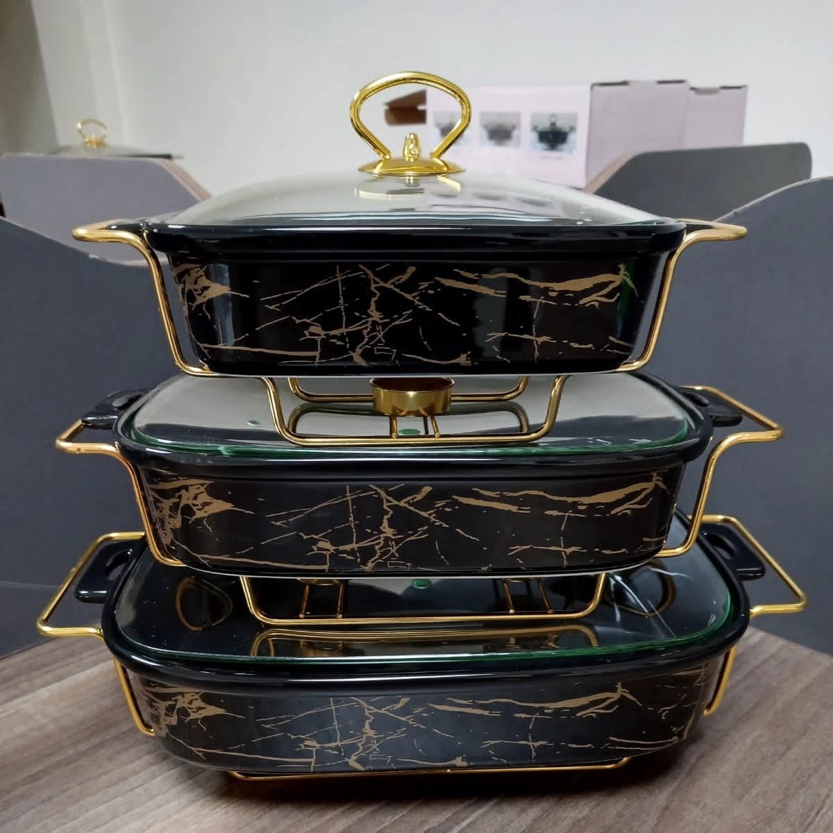 3pc Marble PorcelainModern Chafing Dish Set Sizes 11" 13" 15"