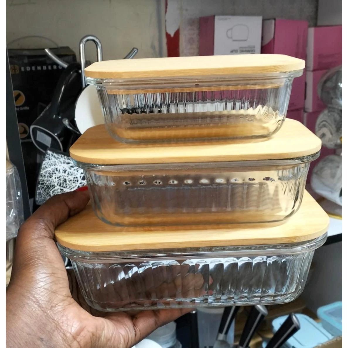 3pc Ribbed Glass Food Storage Containers with Airtight Bamboo Lids – 350ml, 800ml, 1600ml Lunch Boxes & Bottles Lunch Box Sets