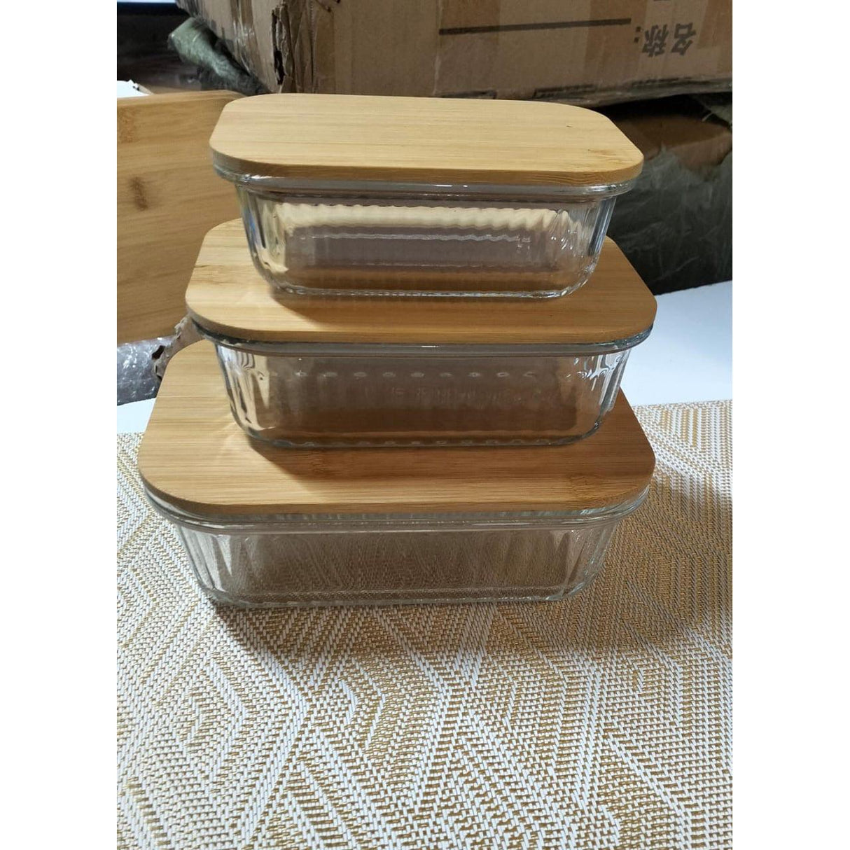 3pc Ribbed Glass Food Storage Containers with Airtight Bamboo Lids – 350ml, 800ml, 1600ml