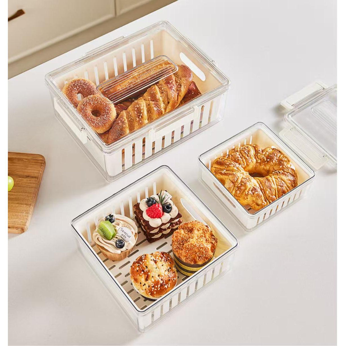 3pcs Acrylic Stackable Food Storage Containers with Drainer Basket and Airtight Lid