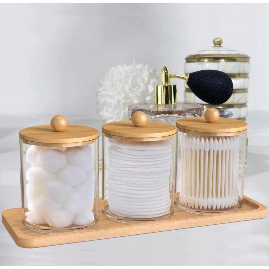 3pcs Acrylic Swab Storage Organizer with Bamboo Holder – 300ml Each Storage Jars Household Storage Containers