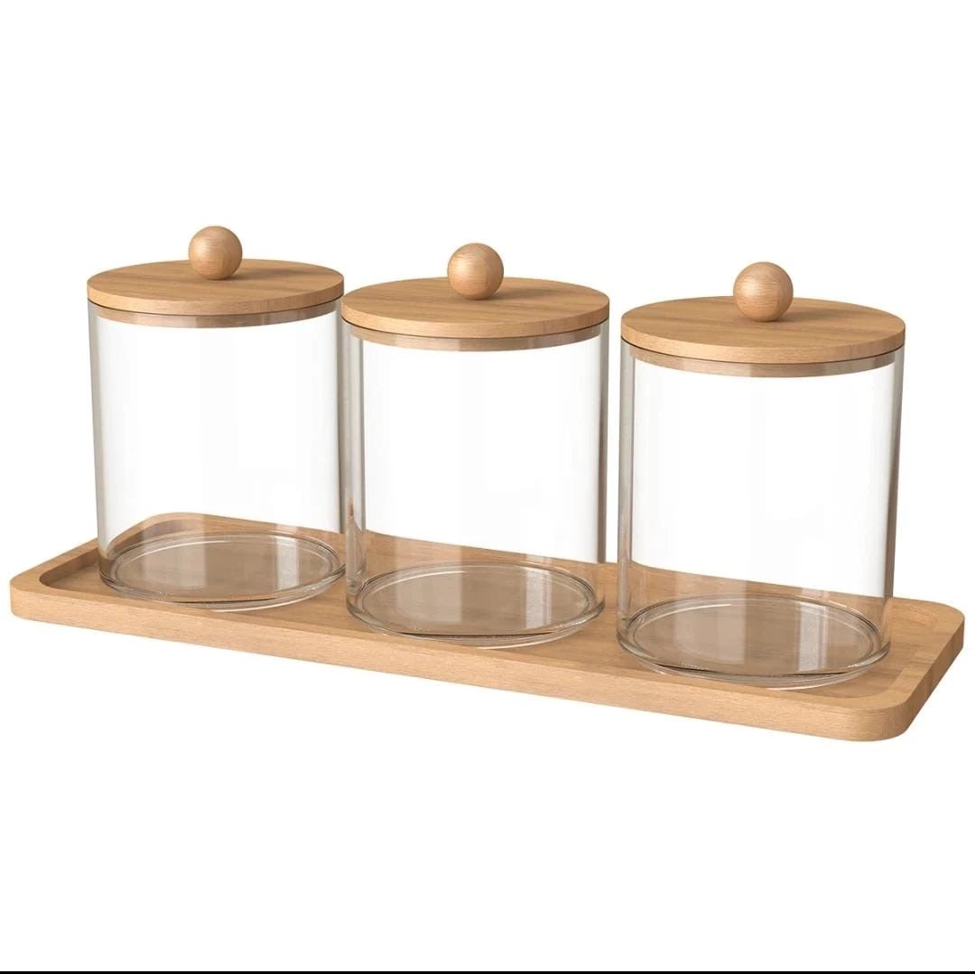 3pcs Acrylic Swab Storage Organizer with Bamboo Holder – 300ml Each Storage Jars Household Storage Containers