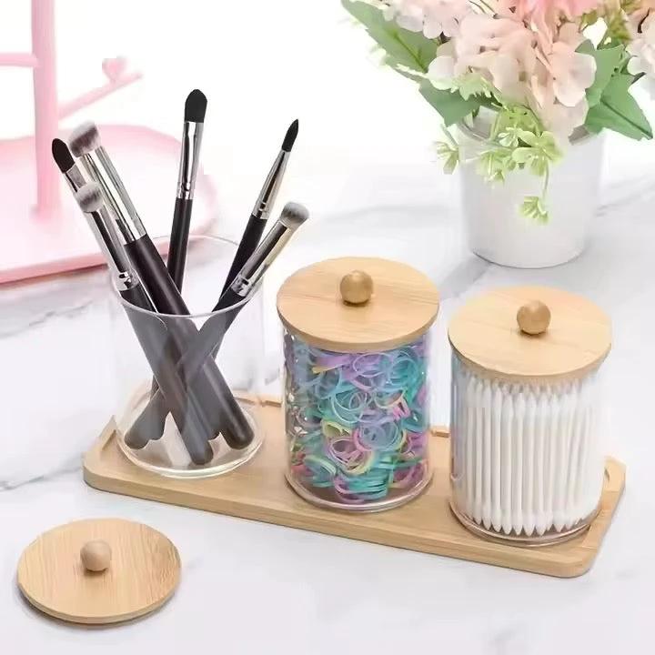 3pcs Acrylic Swab Storage Organizer with Bamboo Holder – 300ml Each Storage Jars Household Storage Containers