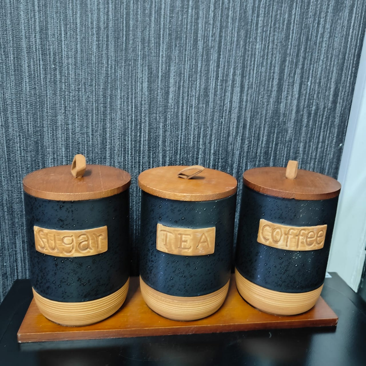 3pcs Ceramic Canisters with Bamboo Tray – Airtight 500g Storage Jars