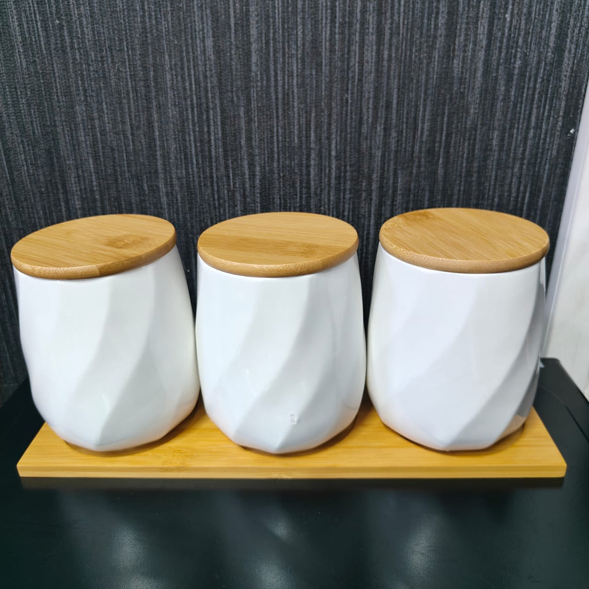 3pcs Ceramic Canisters with Bamboo Tray – Airtight 500g Storage Jars