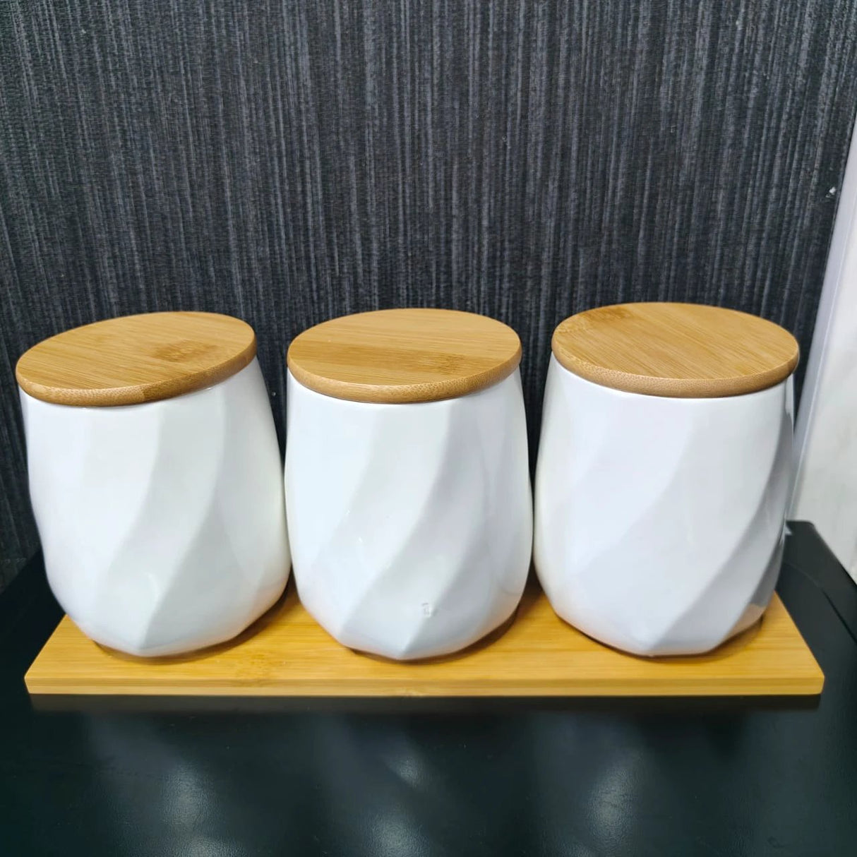 3pcs Ceramic Canisters with Bamboo Tray – Airtight 500g Storage Jars food storage Food Storage Containers