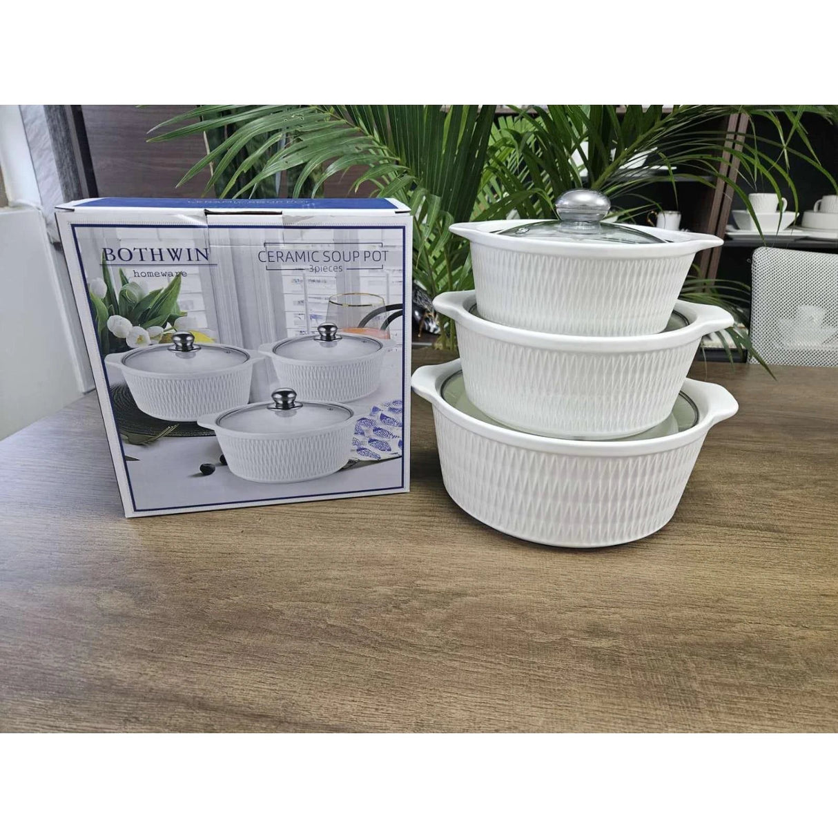 3pcs Ceramic Casserole Serving Dish Set with Glass Covers Cookware Serveware