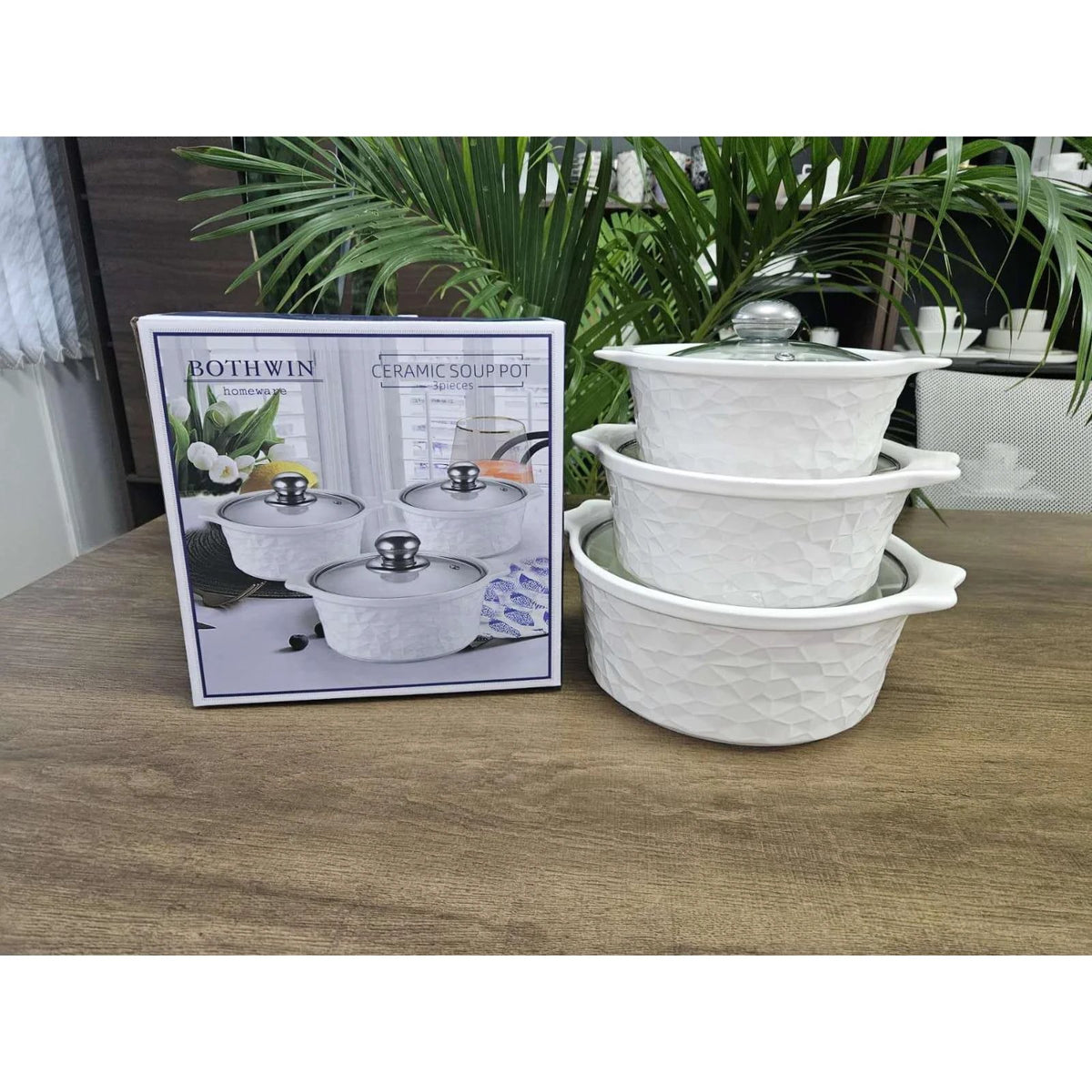 3pcs Ceramic Casserole Serving Dish Set with Glass Covers Cookware Serveware