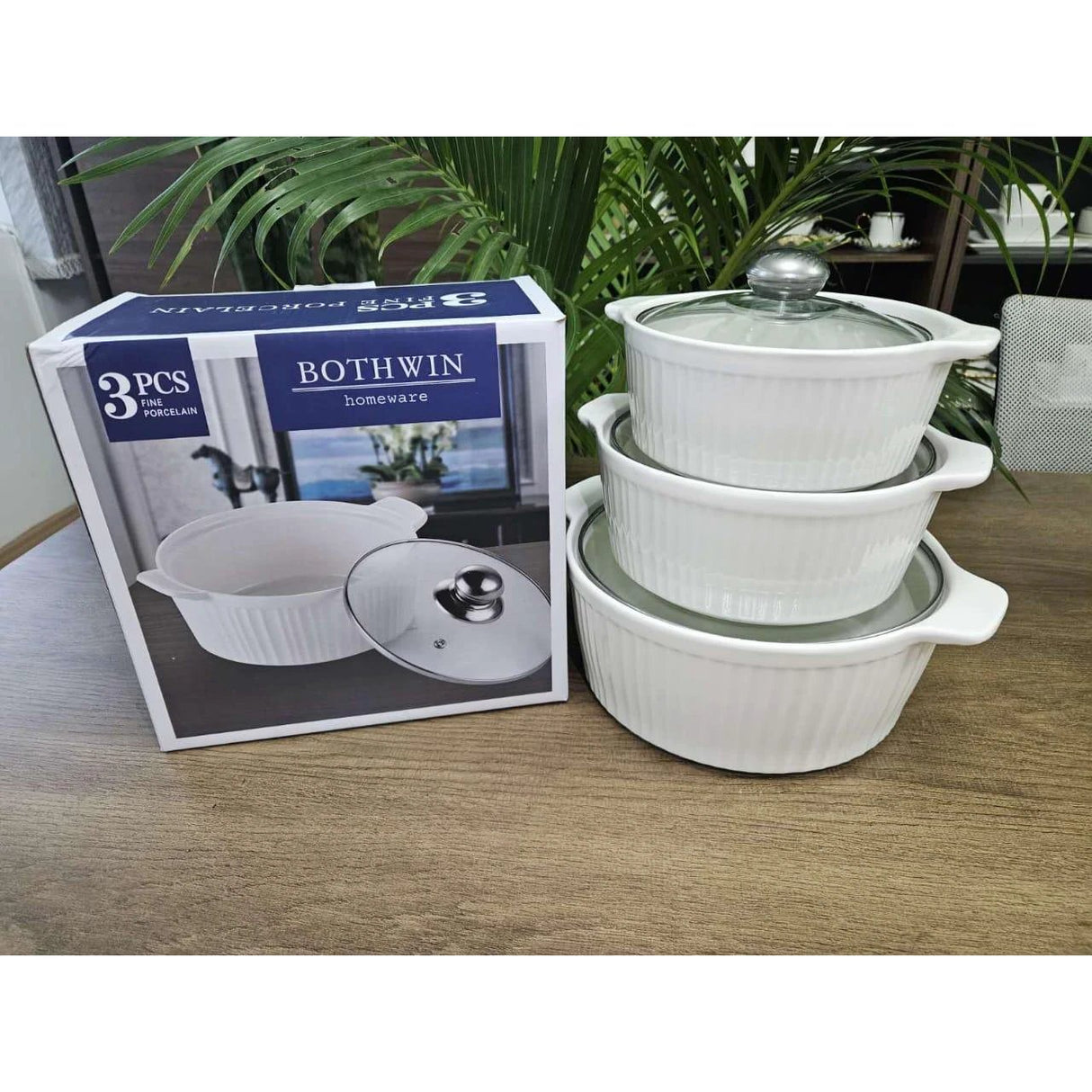 3pcs Ceramic Casserole Serving Dish Set with Glass Covers Cookware Serveware
