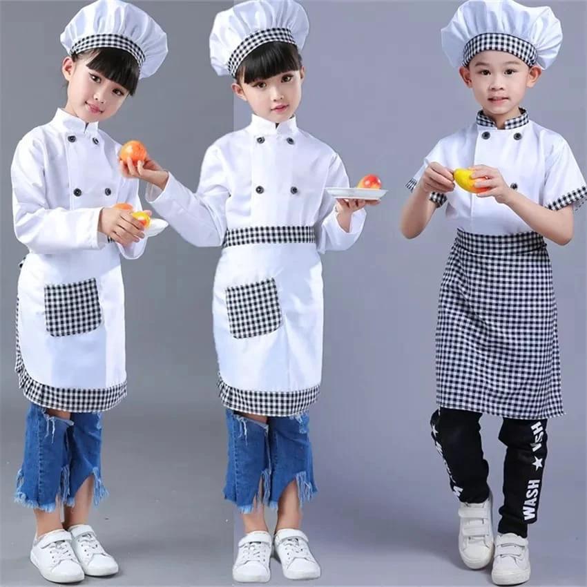 3pcs Children Professional Chef Costume Set Cosplay Outfit for Boys & Girls Includes Apron Chef Hat & Jacket (5-14 Years) Kitchen Linen Costumes