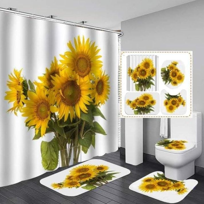 4 Pcs Set Bathroom Shower Curtain Waterproof 3D Print Includes Bath Mat U Shape Mat & Toilet Lid Cover (180cmx180cm Curtain)