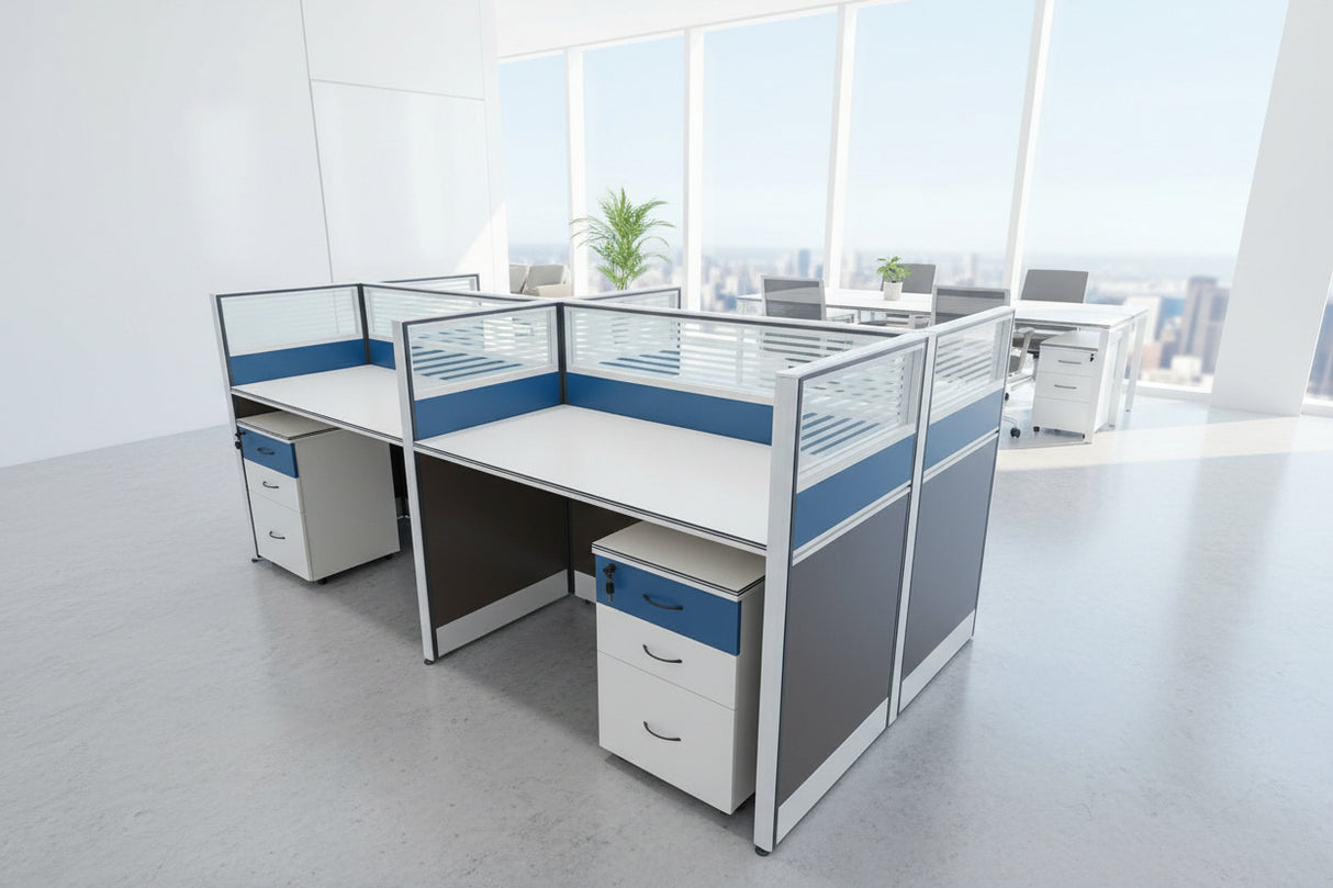 4 Person Modular Office Workstation Desk with Partition Panels and Storage