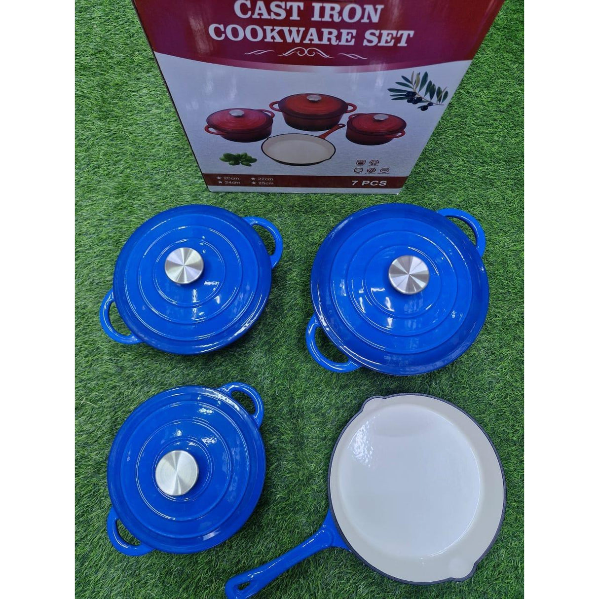 7 Piece Enamel Cast Iron Cooking Pots with Casseroles and Frying Pan