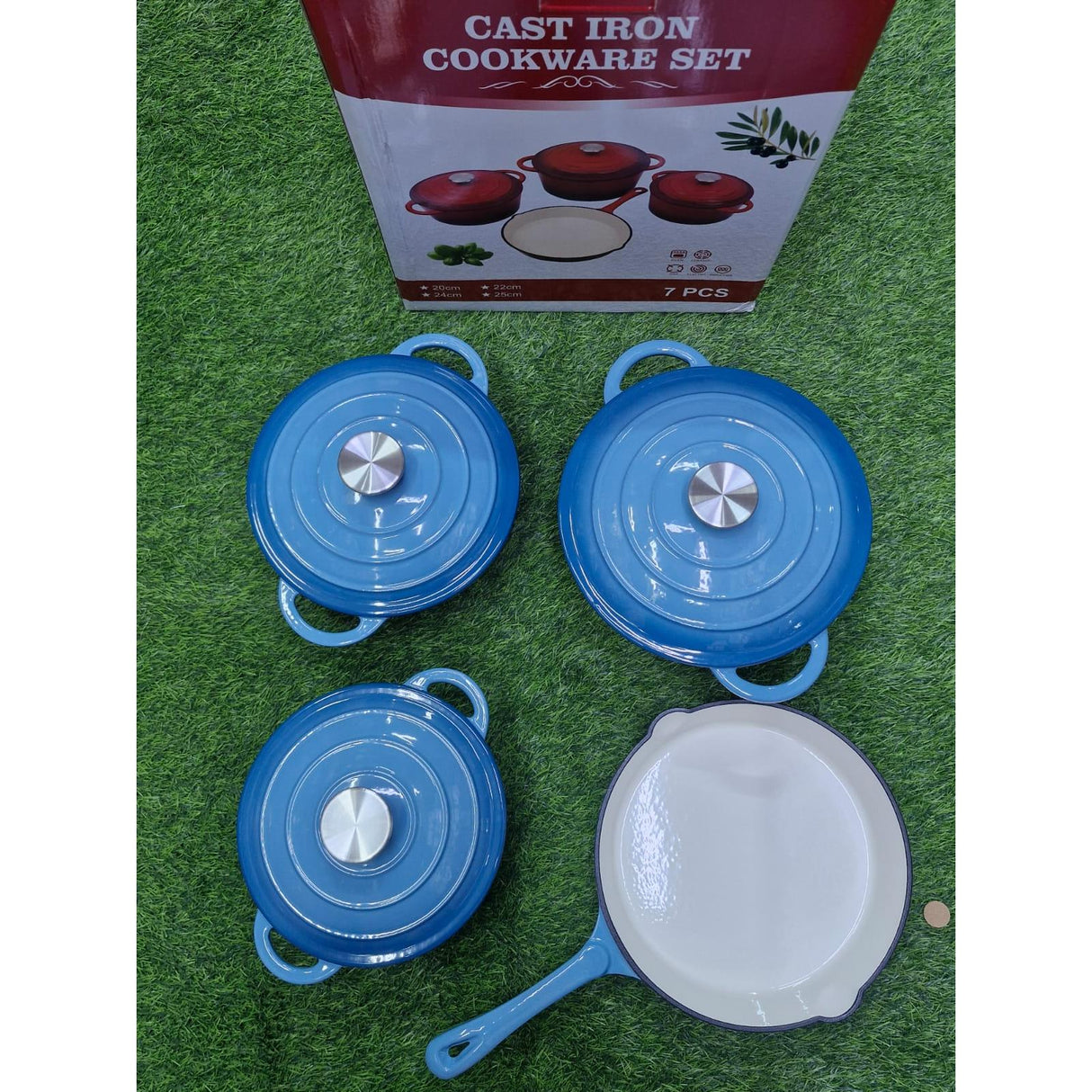 7 Piece Enamel Cast Iron Cooking Pots with Casseroles and Frying Pan