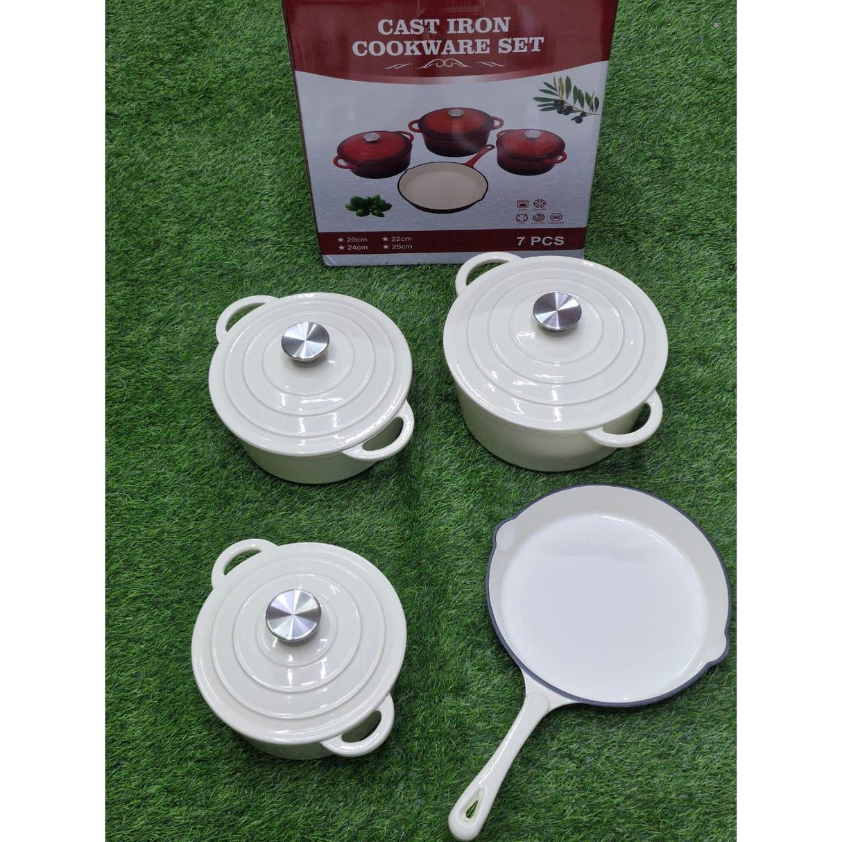 7 Piece Enamel Cast Iron Cooking Pots with Casseroles and Frying Pan