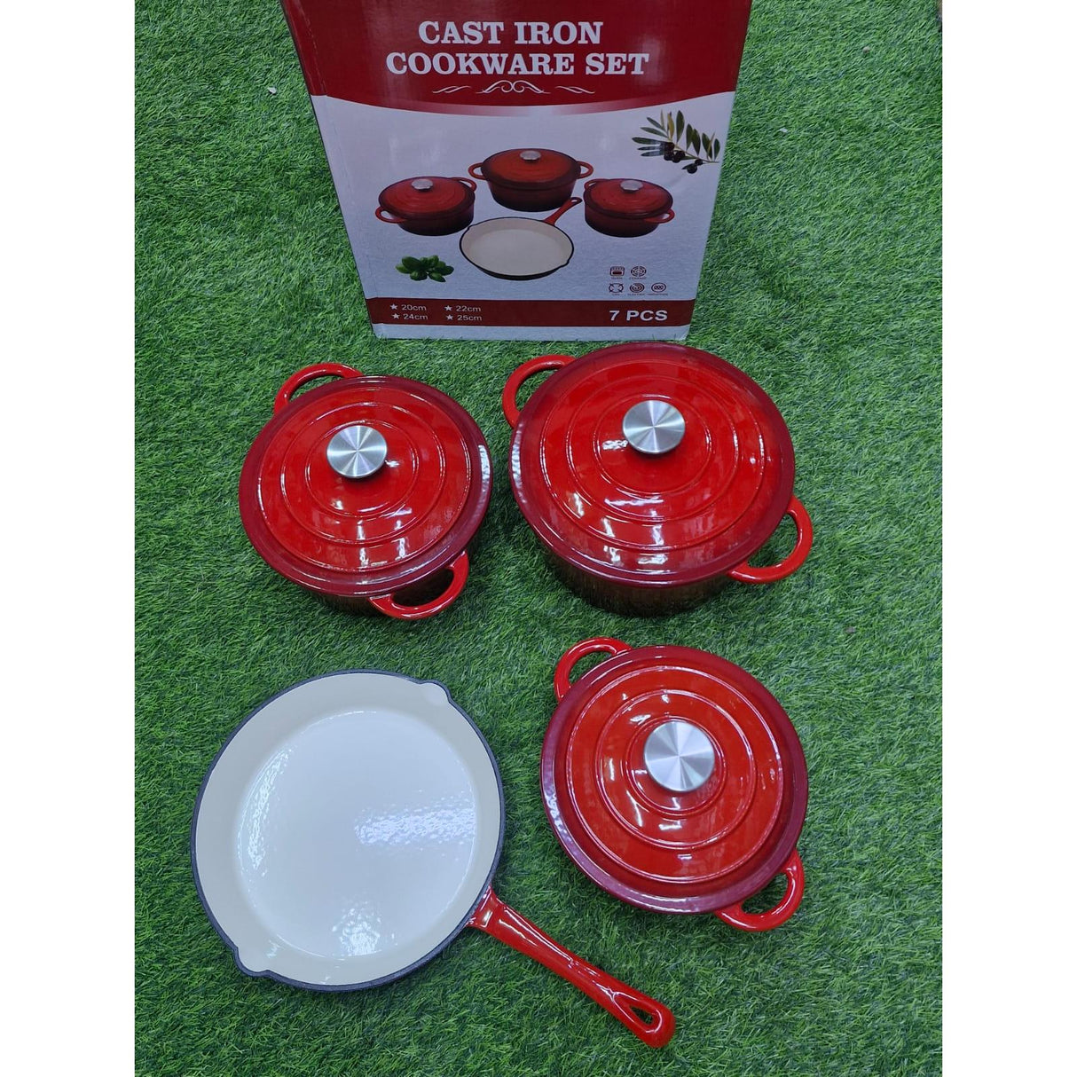 7 Piece Enamel Cast Iron Cooking Pots with Casseroles and Frying Pan