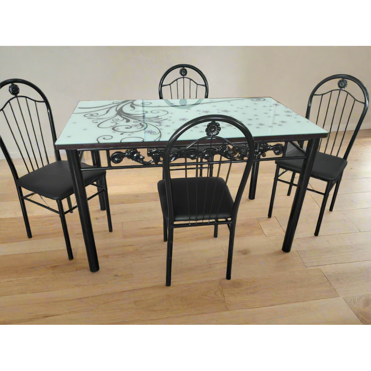 4 Seater Glass Top Dining Table with Floral Design and Chairs