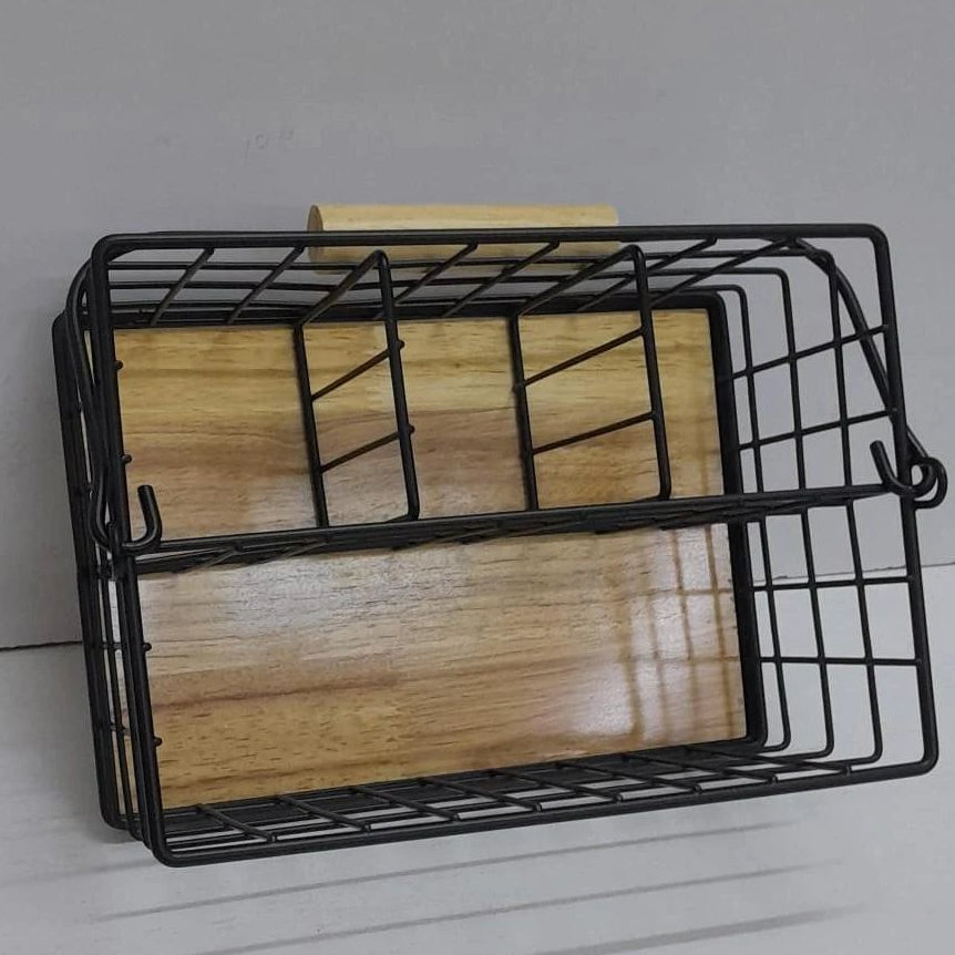 4 in 1 Cutlery Holder with Handle – Metallic with Bamboo Base Cutlery holder Kitchen Tools & Utensils