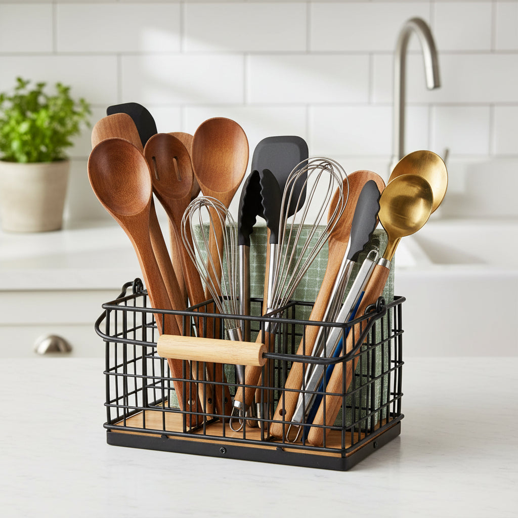 4 in 1 Cutlery Holder with Handle – Metallic with Bamboo Base Cutlery holder Kitchen Tools & Utensils
