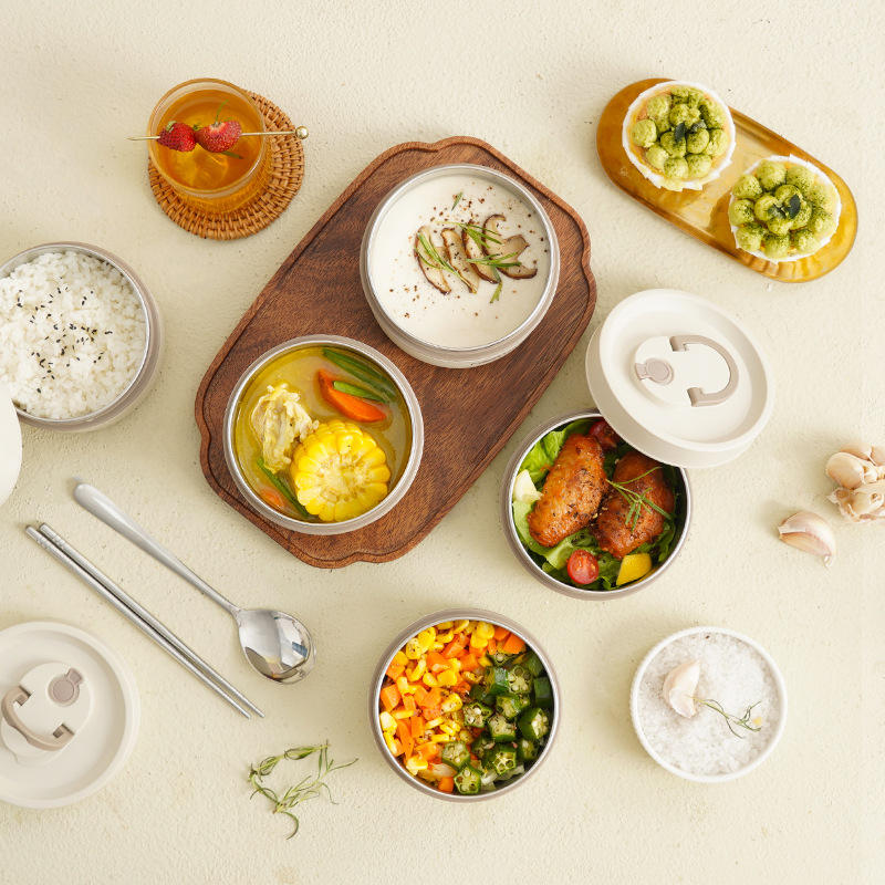 4 in 1 Insulated Lunch Set (2 Lunch Boxes + 1 Lunch Bag) | Stainless Steel Lunch Box Microwave Oven Circular Portable Minimalist Lunch Bo