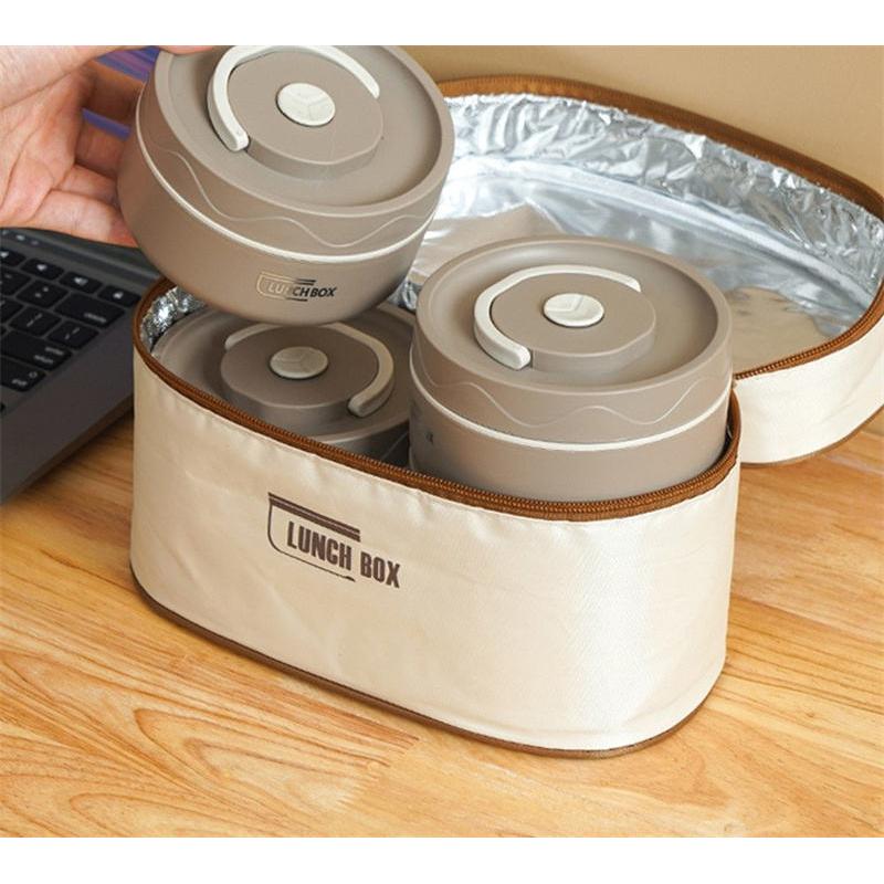 4 in 1 Insulated Lunch Set (2 Lunch Boxes + 1 Lunch Bag) | Stainless Steel Lunch Box Microwave Oven Circular Portable Minimalist Lunch Bo